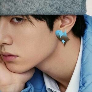 Blue and Black Starburst Men's Earring - Modern Metal Accent